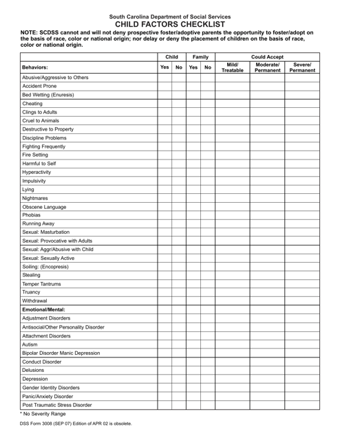DSS Form 3008 Child Factors Checklist - South Carolina