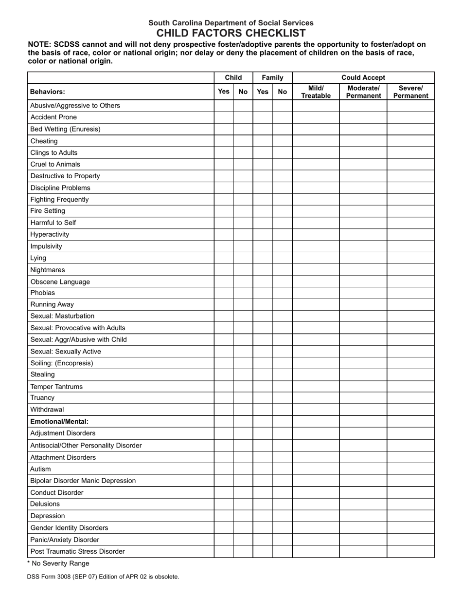 DSS Form 3008 Child Factors Checklist - South Carolina, Page 1