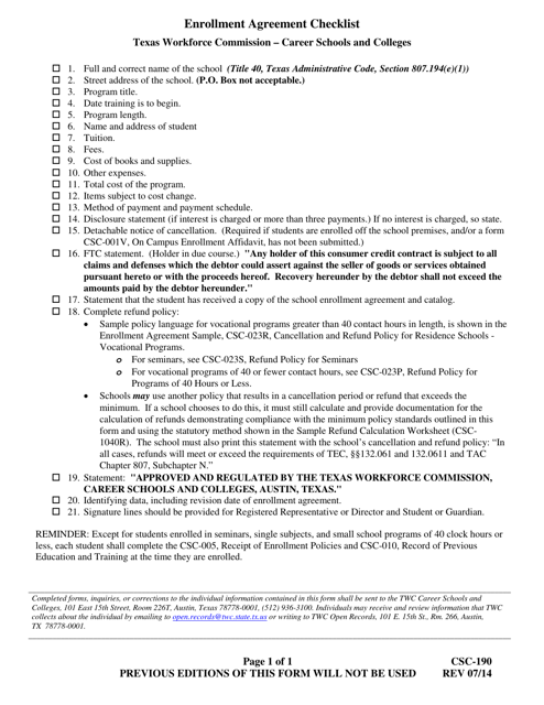 Form CSC-190 Enrollment Agreement Checklist - Texas