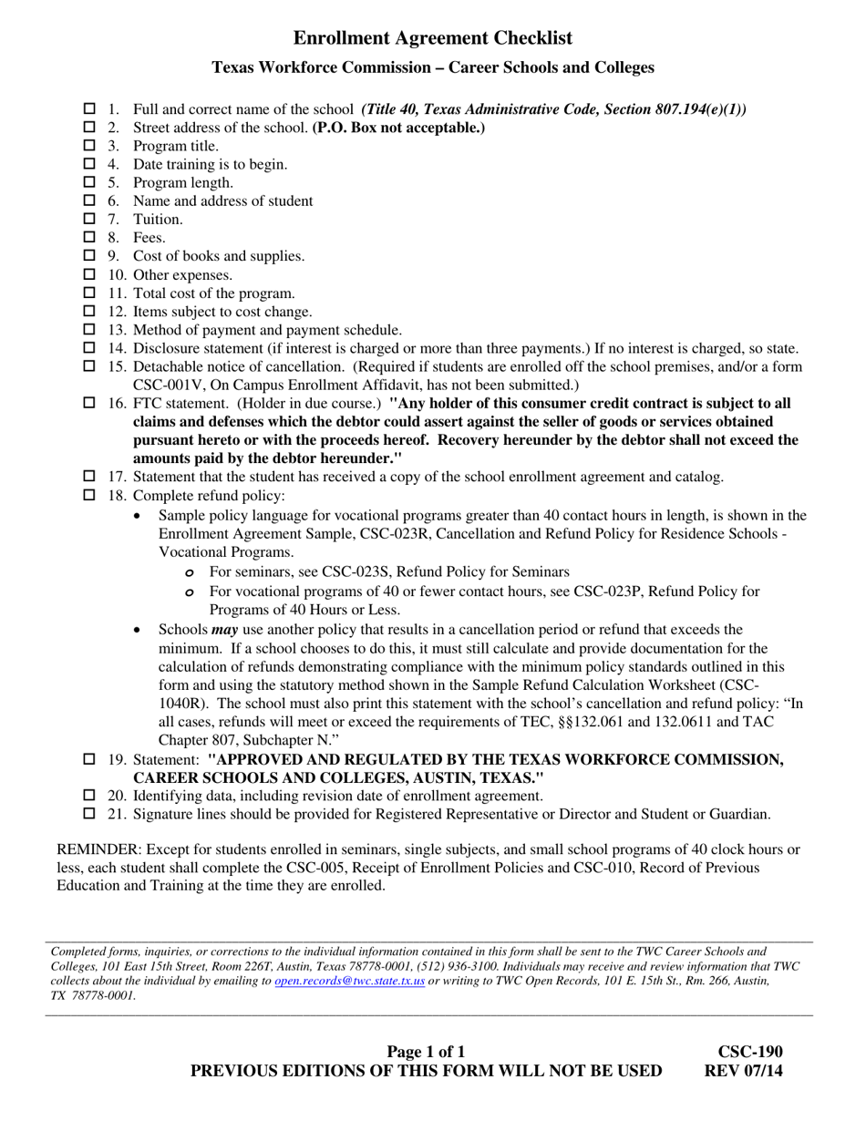 Form CSC-190 Enrollment Agreement Checklist - Texas, Page 1