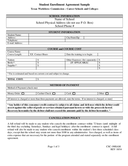 Form CSC-190SAM Student Enrollment Agreement Sample - Texas