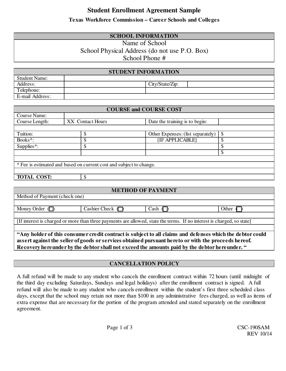 Form CSC-190SAM Student Enrollment Agreement Sample - Texas, Page 1