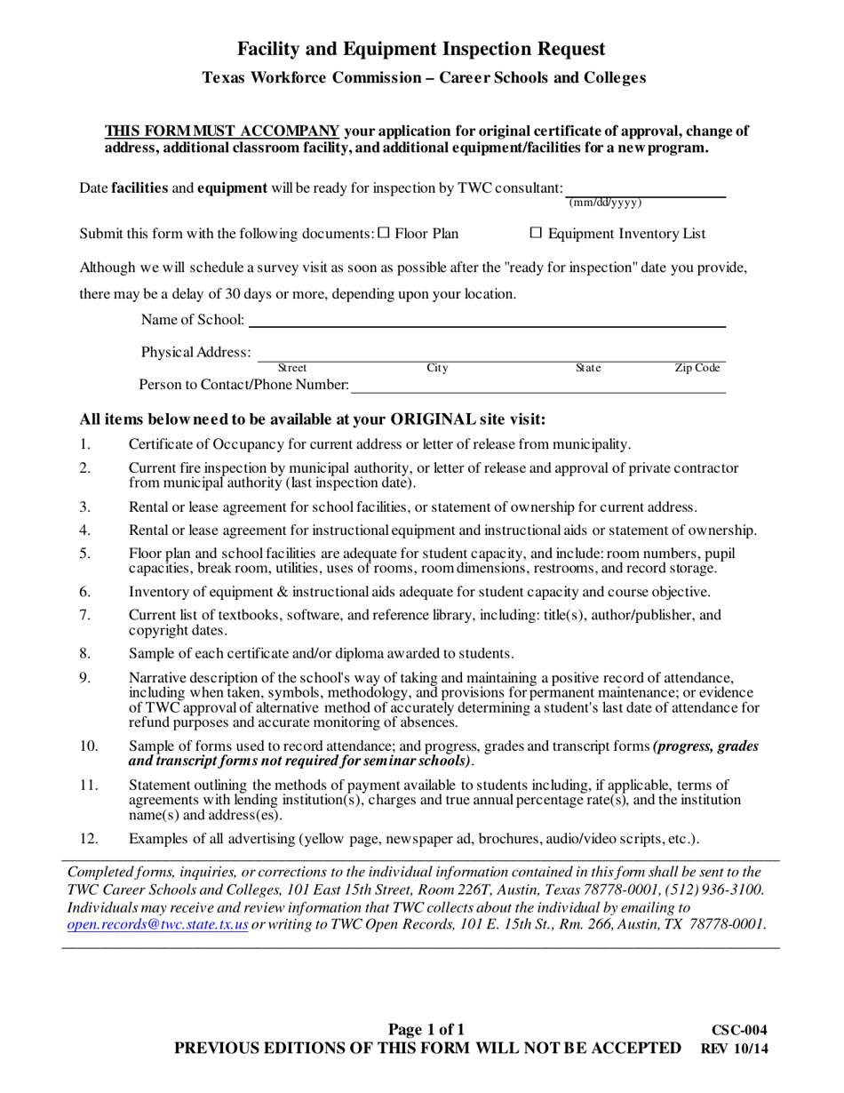 Form CSC-004 Facility and Equipment Inspection Request - Texas, Page 1
