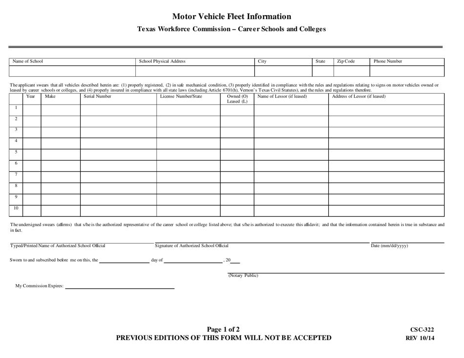 Form CSC-322 Motor Vehicle Fleet Information - Texas, Page 1