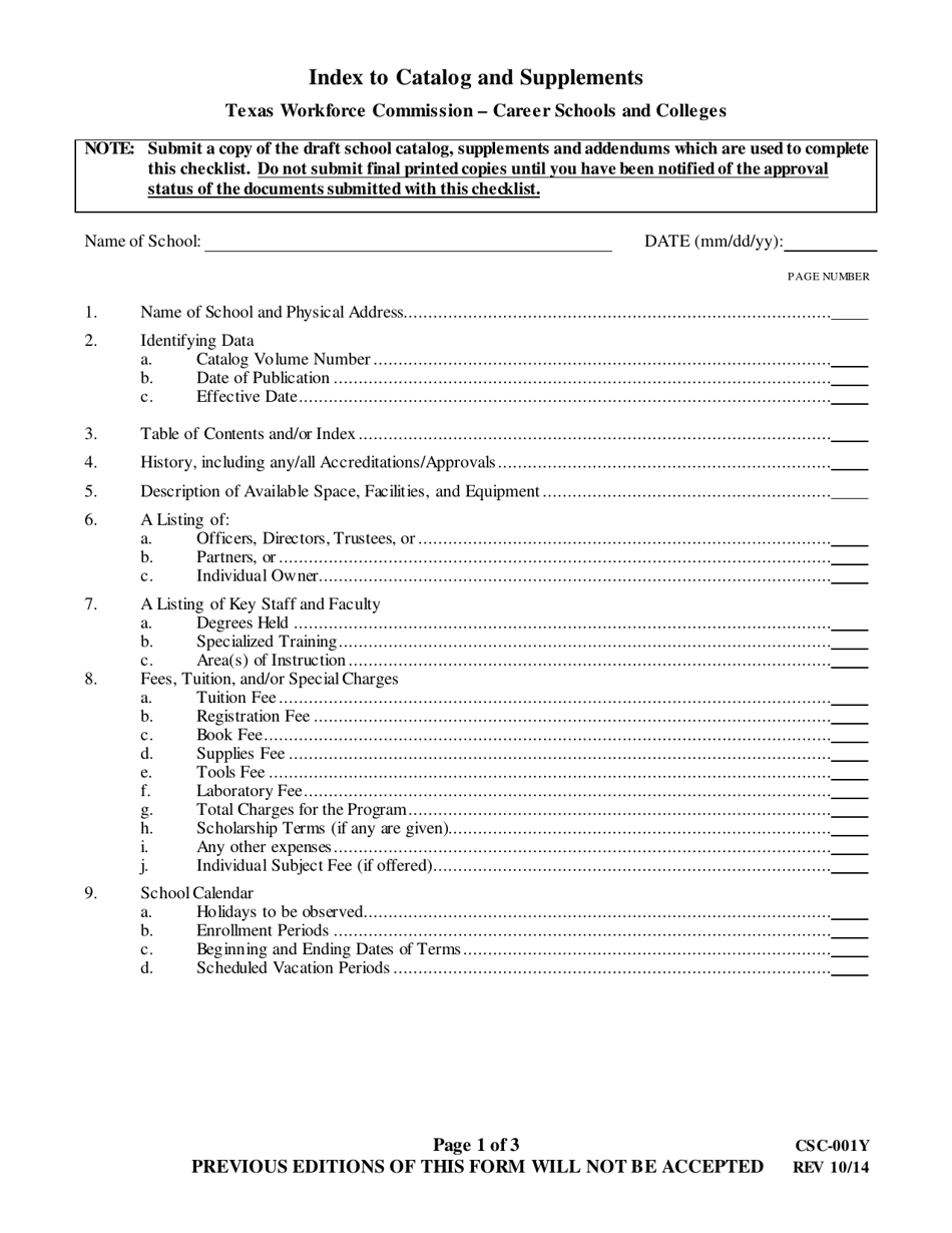 Form CSC-001Y Index to Catalog and Supplements - Texas, Page 1