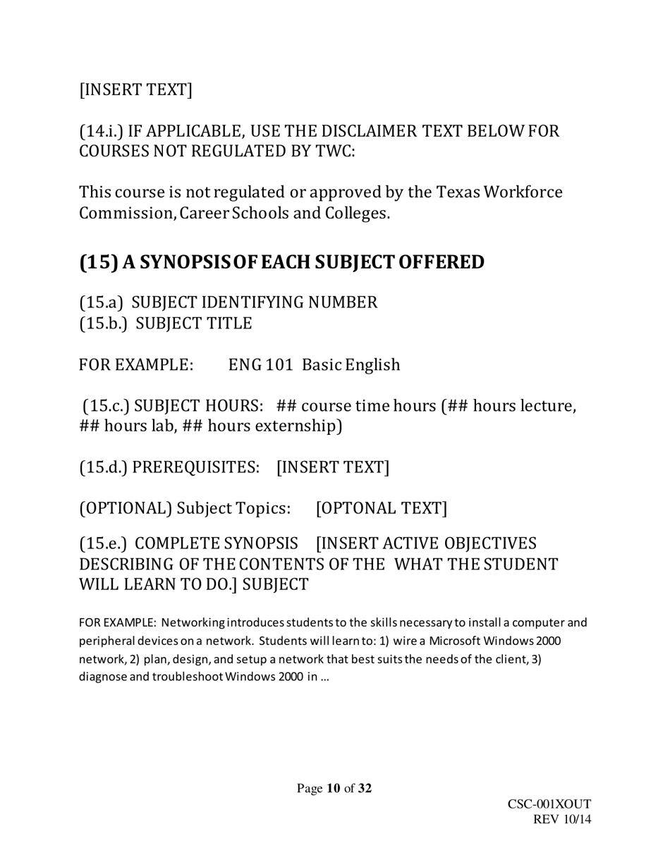 Form CSC-001XOUT Catalog Outline  Template - Texas, Page 10