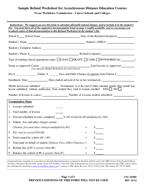 Form CSC-1040D Sample Refund Worksheet for Asynchronous Distance Education Courses - Texas