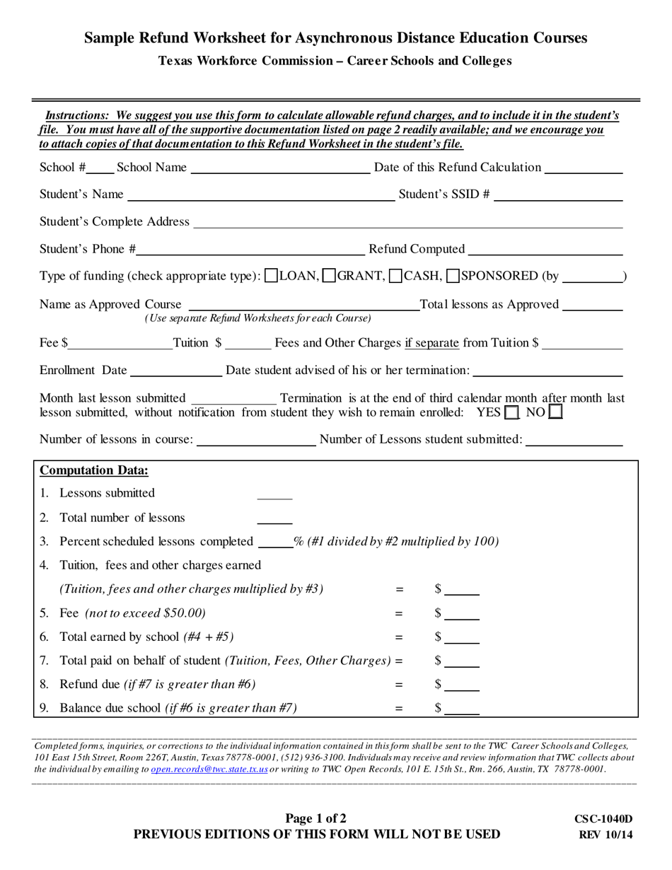 Form CSC-1040D Sample Refund Worksheet for Asynchronous Distance Education Courses - Texas, Page 1