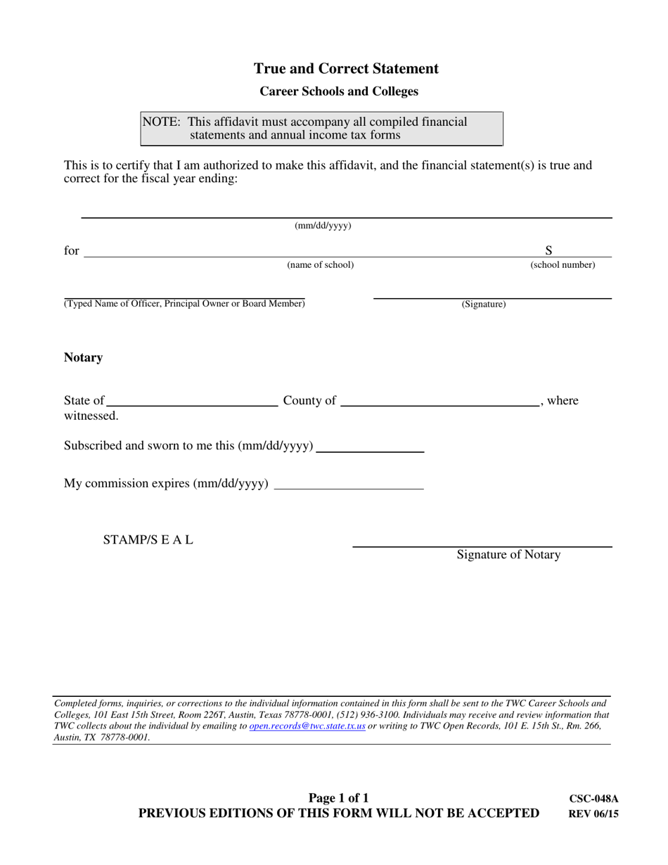 Form CSC-048A True and Correct Statement - Texas, Page 1