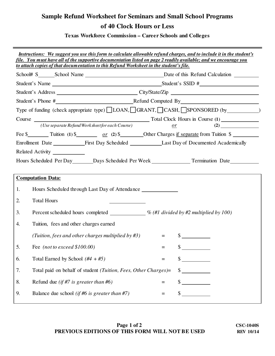 Form CSC-1040S Refund Worksheet for Seminars and Small School Programs of 40 Clock Hours or Less - Texas, Page 1
