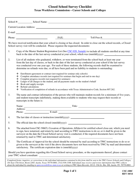 Form CSC-100C Closed School Survey Checklist - Texas
