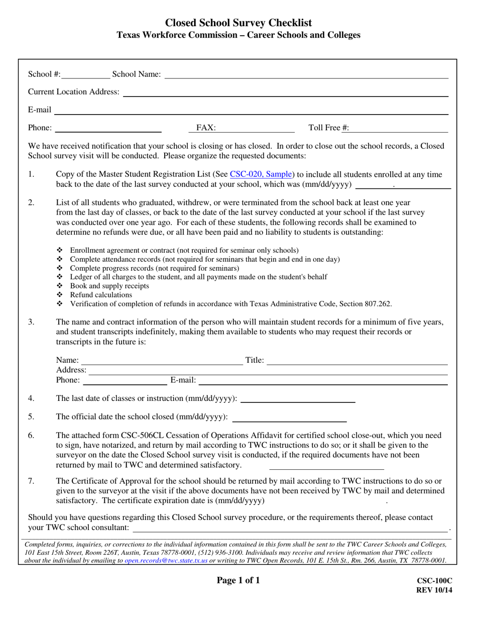 Form CSC-100C Closed School Survey Checklist - Texas, Page 1