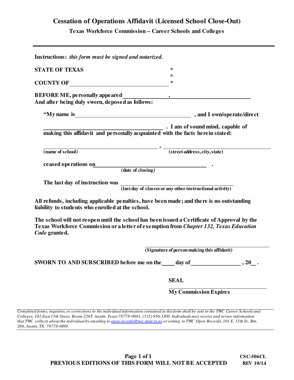 Form CSC-506CL Cessation of Operations Affidavit (Licensed School Close-Out) - Texas, Page 1