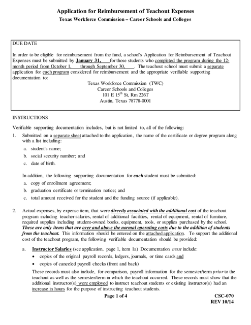 Form CSC-070 Application for Reimbursement of Teach-Out Expenses - Texas