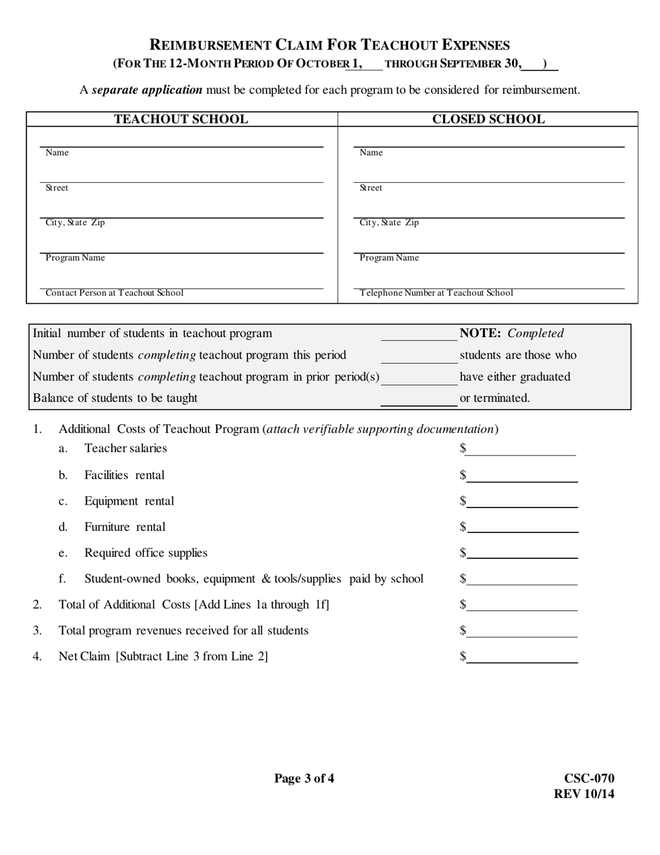 Form CSC-070 Application for Reimbursement of Teach-Out Expenses - Texas, Page 3