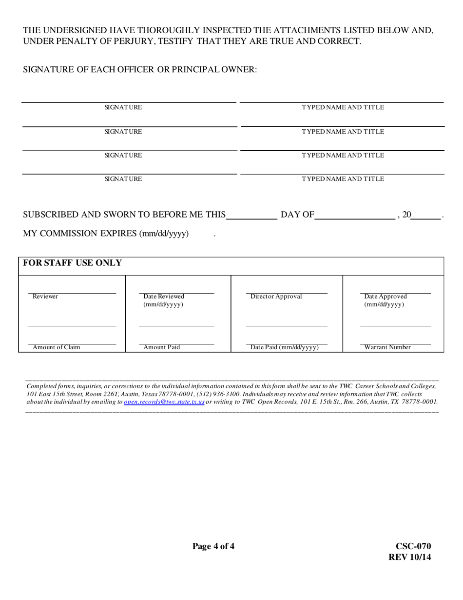 Form CSC-070 Application for Reimbursement of Teach-Out Expenses - Texas, Page 4