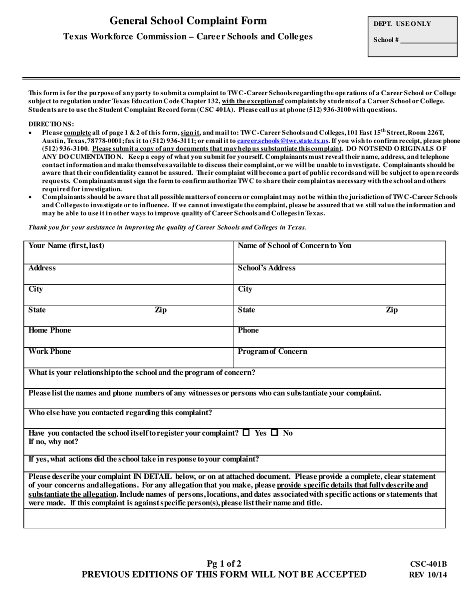Form CSC-401B General School Complaint Form - Texas, Page 1