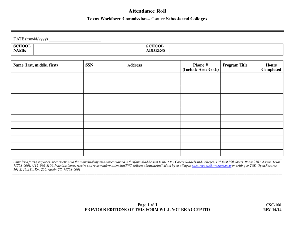 Form CSC-106 Attendance Roll - Texas, Page 1