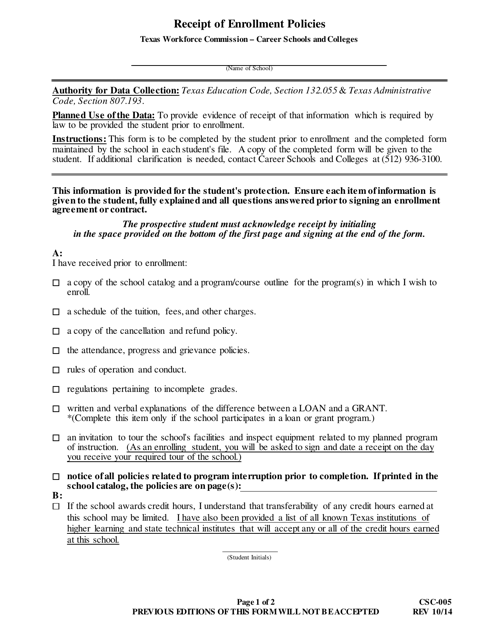 Form CSC-005 Receipt of Enrollment Policies - Texas