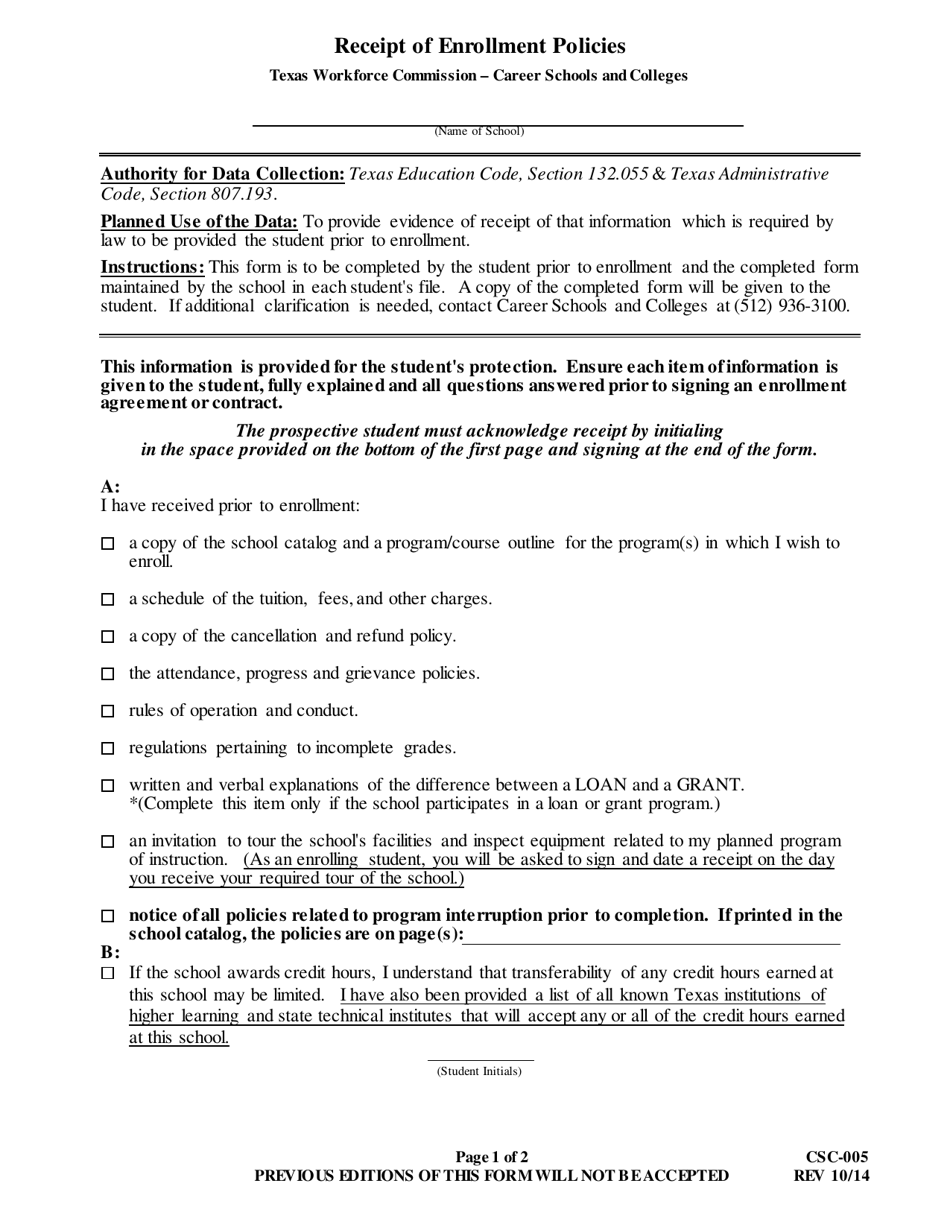 Form CSC-005 Receipt of Enrollment Policies - Texas, Page 1