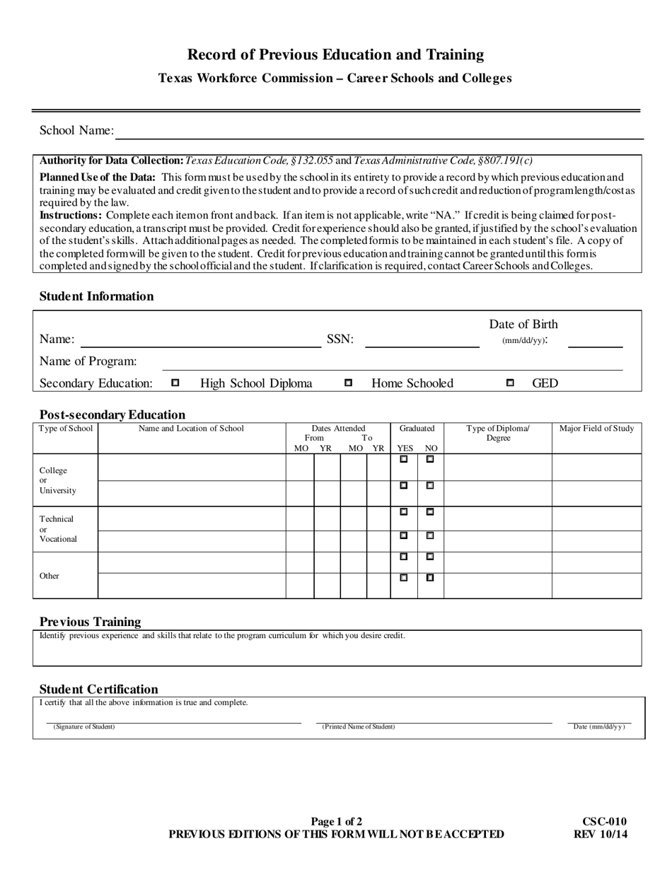 Form CSC-010 Record of Previous Education and Training - Texas, Page 1