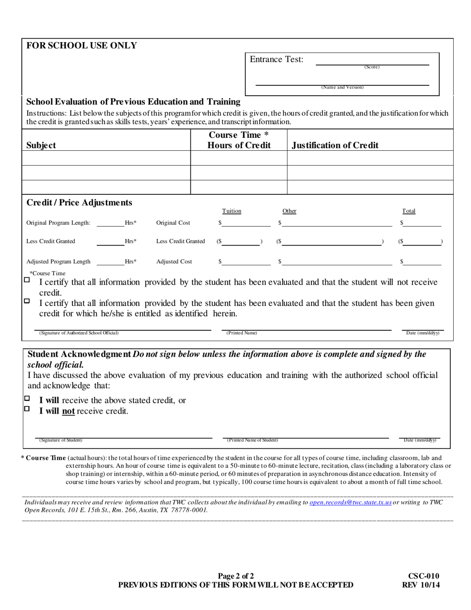Form CSC-010 Record of Previous Education and Training - Texas, Page 2