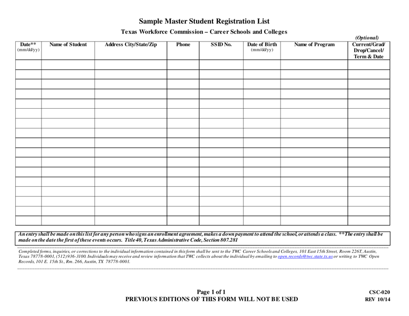 Form CSC-020 Sample Master Student Registration List - Texas