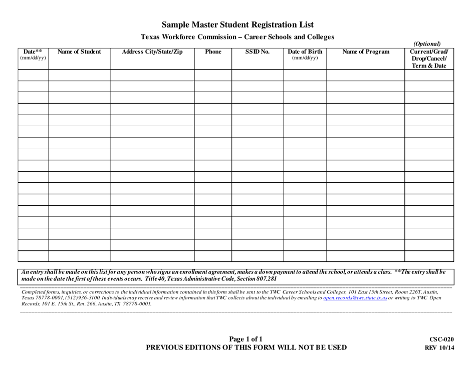 Form CSC-020 - Fill Out, Sign Online and Download Fillable PDF, Texas ...