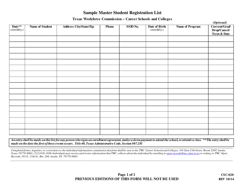 Form CSC-020 Sample Master Student Registration List - Texas, Page 1