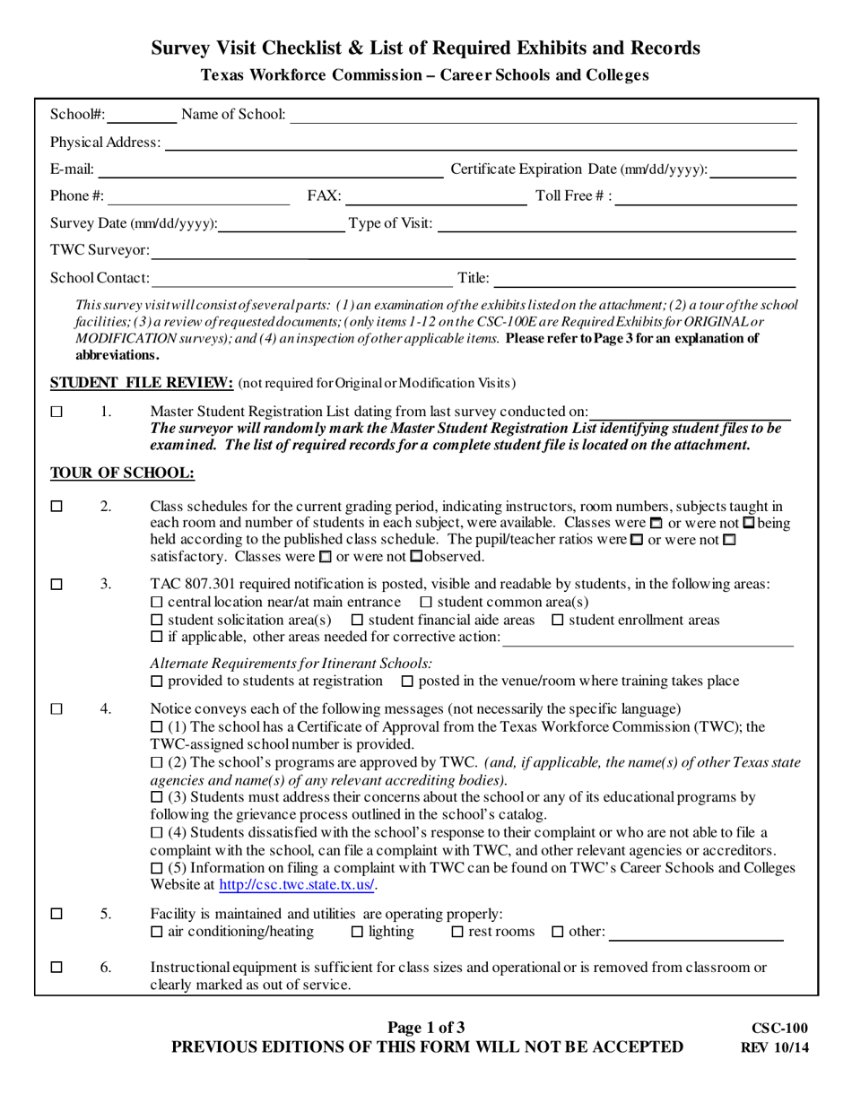 Form CSC-100 Survey Visit Checklist - Texas, Page 1