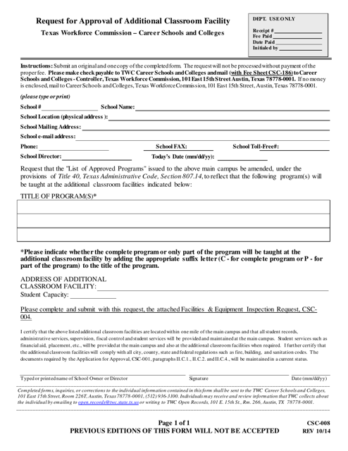 Form CSC-008 Request for Approval of Additional Classroom Facility - Texas