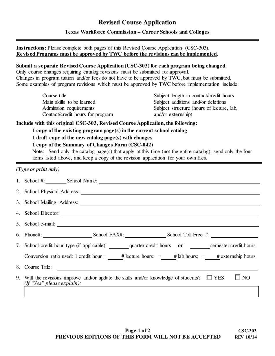 Form CSC-303 Revised Course Application - Texas, Page 1