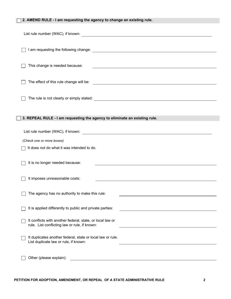 Petition for Adoption, Amendment, or Repeal of a State Administrative Rule - Washington, Page 2