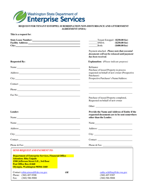Request for Tenant Estoppel Subordination Non-disturbance and Attornment Agreement(Snda) - Washington Download Pdf