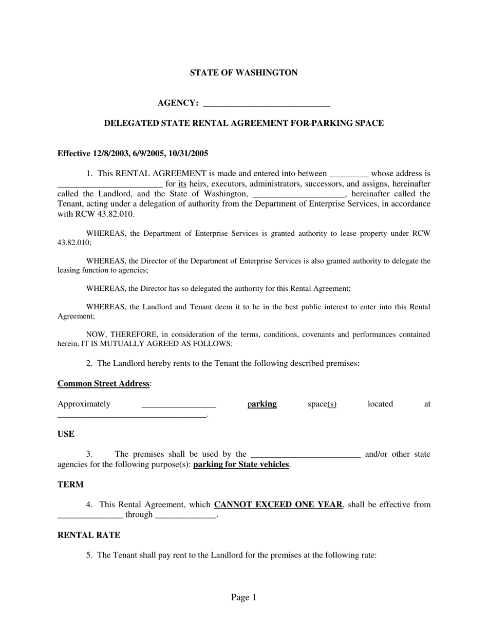 Delegated State Rental Agreement for Parking Space - Washington, Page 1