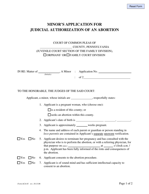 Form ACA-01 Minor's Application for Judicial Authorization of an Abortion - Pennsylvania