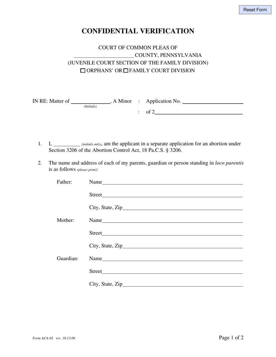 Form ACA-02 Confidential Verification - Pennsylvania, Page 1