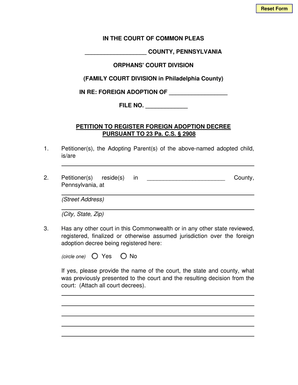 Petition to Register Foreign Adoption Decree Pursuant to 23 Pa. C.s. 2908 - Pennsylvania, Page 1