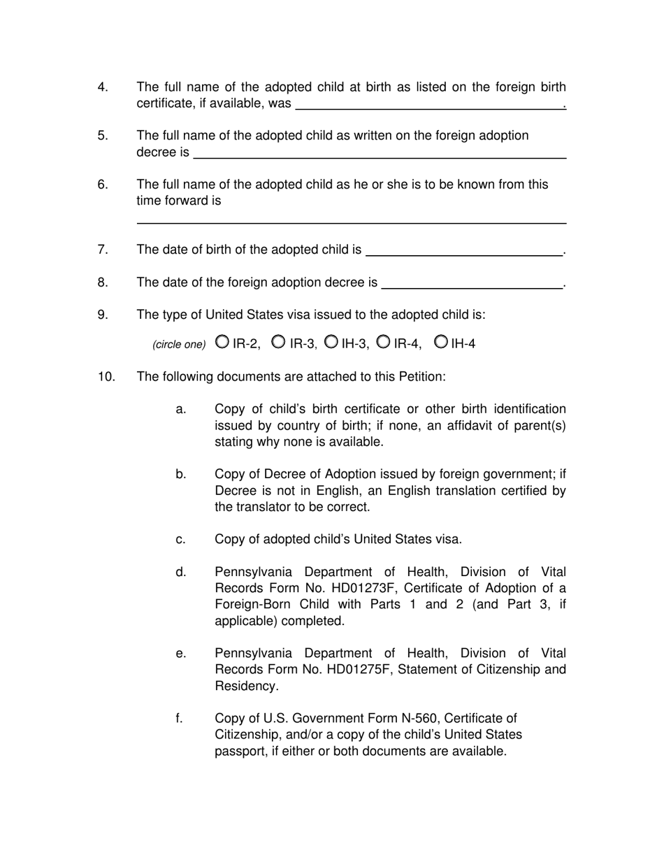 Petition to Register Foreign Adoption Decree Pursuant to 23 Pa. C.s. 2908 - Pennsylvania, Page 2