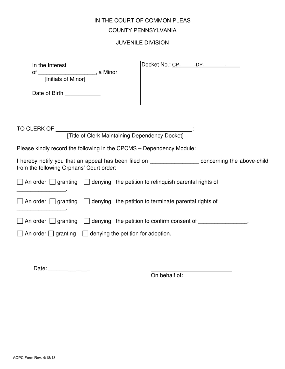 Notice of Orphans Court Appeal Filing - Pennsylvania, Page 1