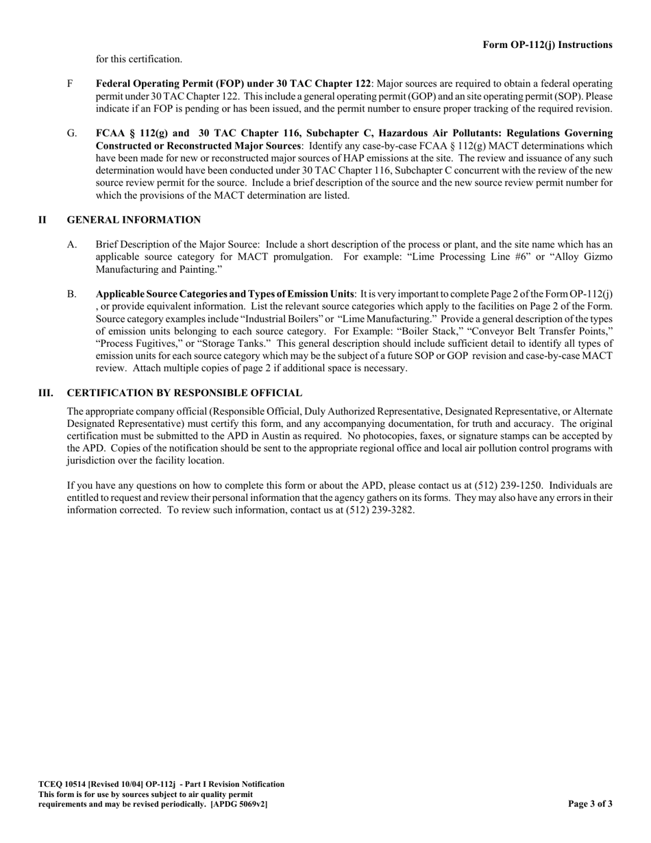 Form OP-112(J) (TCEQ-10514) Part I Revision Notification - Texas, Page 3