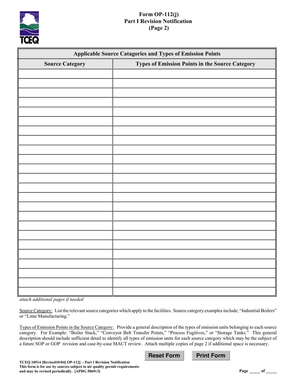 Form OP-112(J) (TCEQ-10514) Part I Revision Notification - Texas, Page 5