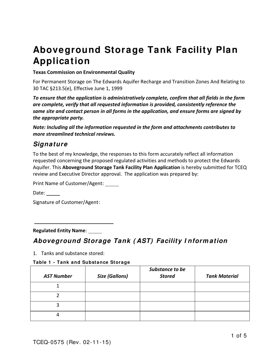 Form TCEQ-0575 Aboveground Storage Tank Facility Plan Application - Texas, Page 1