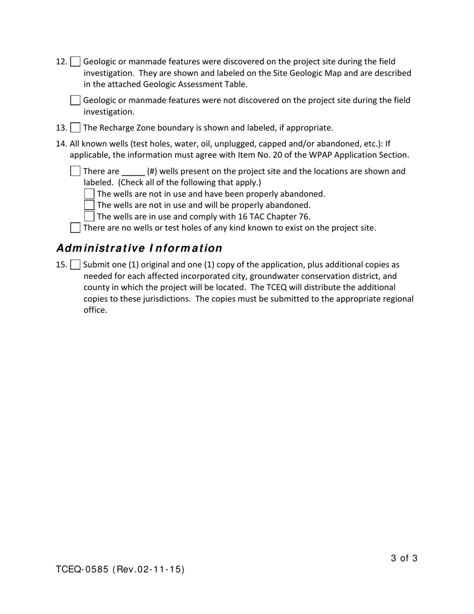 Form TCEQ-0585 Geological Assessment for Regulated Activities on the Edwards Aquifer Recharge / Transition Zones - Texas, Page 3