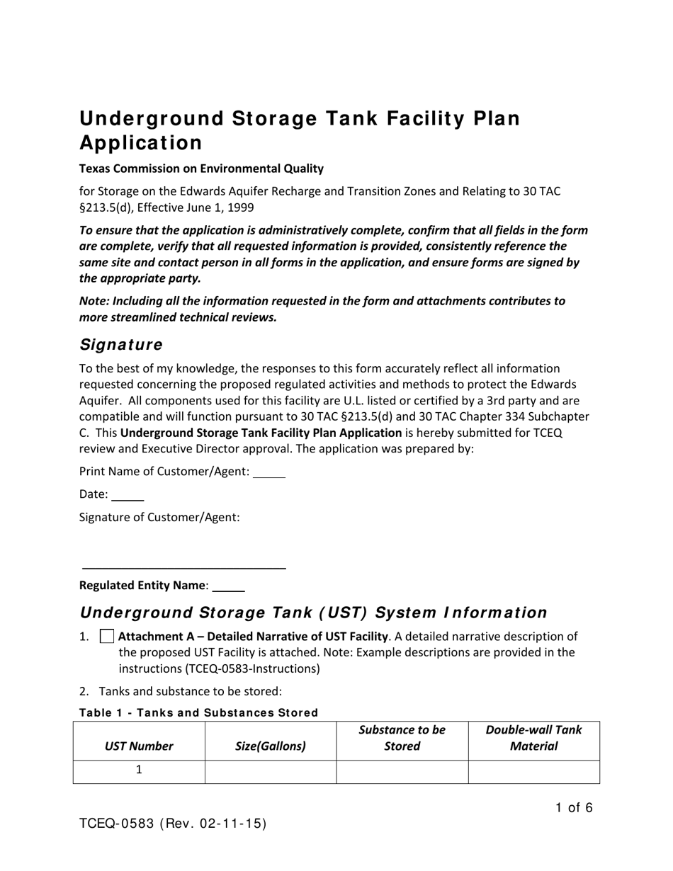 Form TCEQ-0583 Underground Storage Tank Facility Plan Application - Texas, Page 1