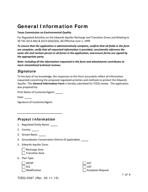 Form TCEQ-0587 General Information Form for Regulated Activities on the Edwards Aquifer Recharge and Transition Zones - Texas