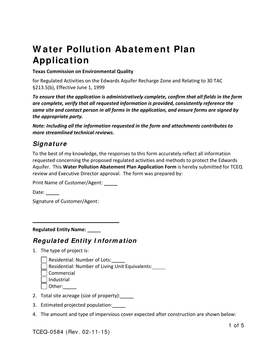 Form TCEQ-0584 Water Pollution Abatement Plan Application - Texas, Page 1