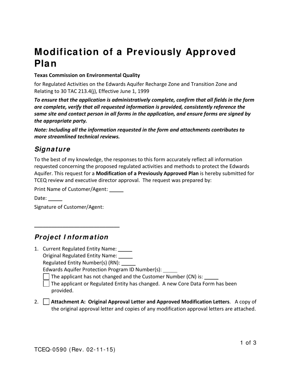 Form TCEQ-0590 Modifications of a Previously Approved Plan for Regulated Activities on the Edwards Aquifer Recharge and Transition Zones - Texas, Page 1