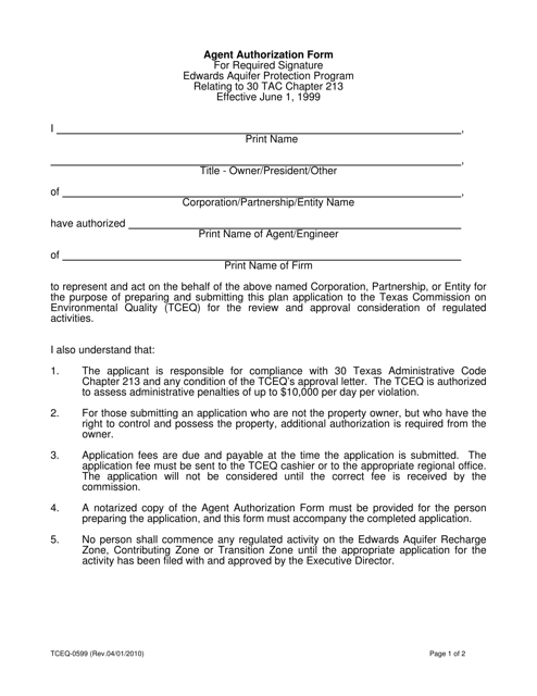 Form TCEQ-0599 Agent Authorization Form - Texas