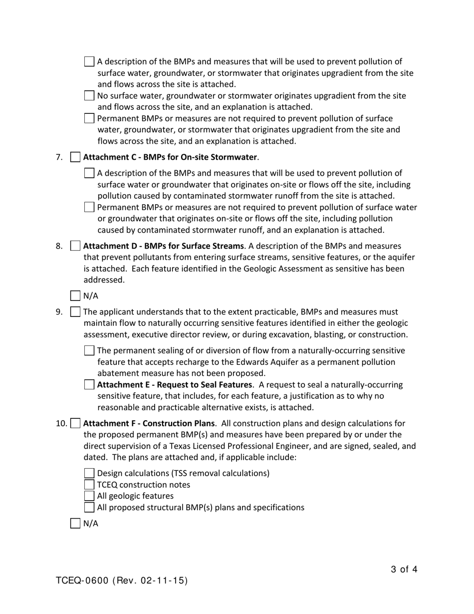 Form TCEQ-0600 Permanent Stormwater Section for Regulated Activities on the Edwards Aquifer Recharge Zone - Texas, Page 3